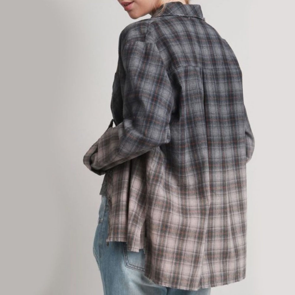 Plaid Flannel Acid Dipped Distressed Boyfriend Top